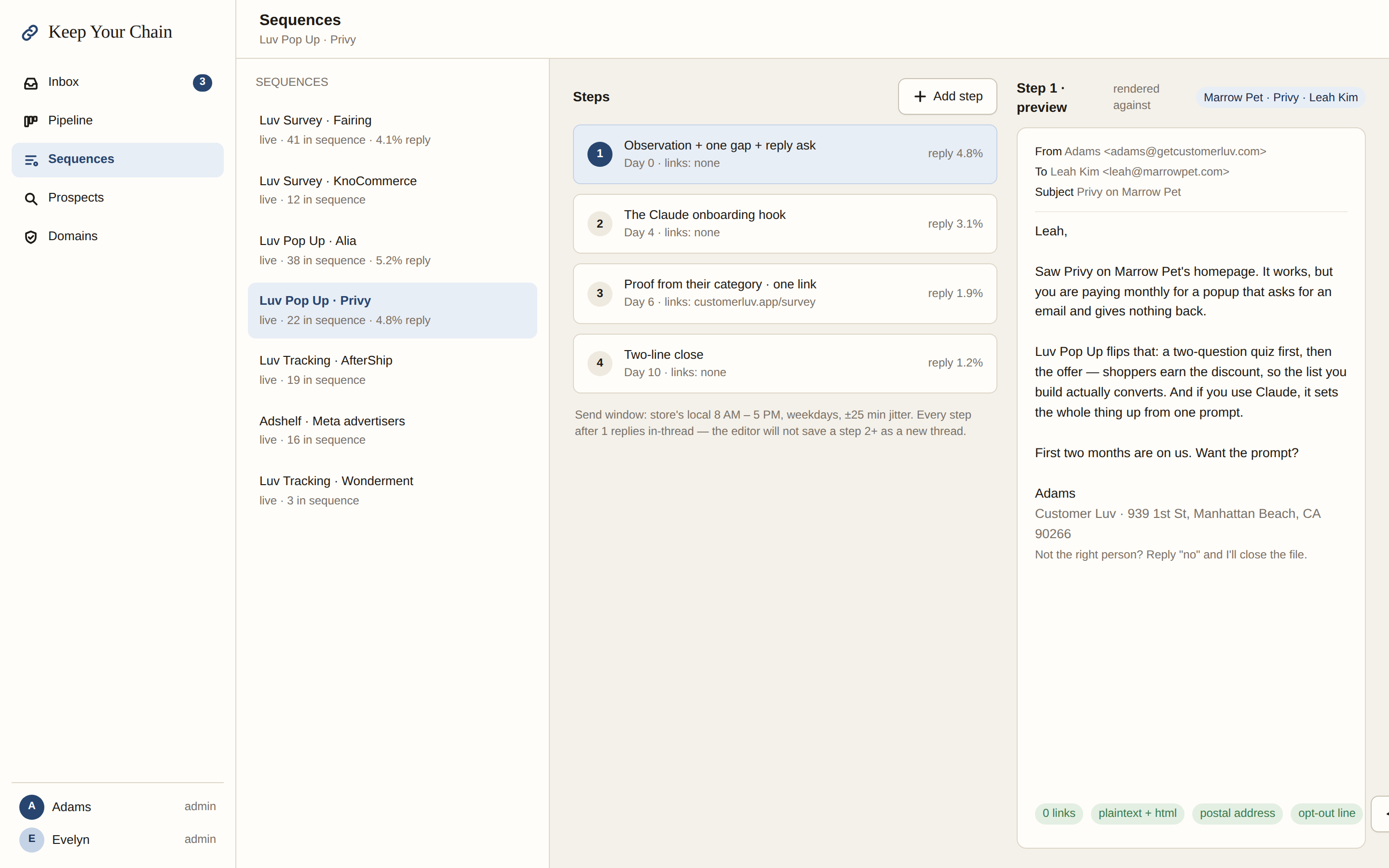 Keep Your Chain sequence editor with four steps and a locked reply-in-chain setting